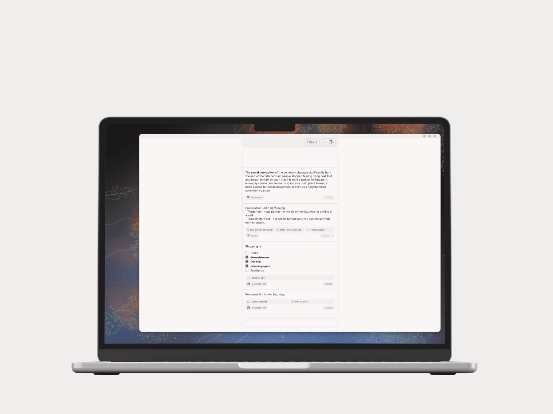 Type on a laptop: notes, lists and attachments in a shared notebook