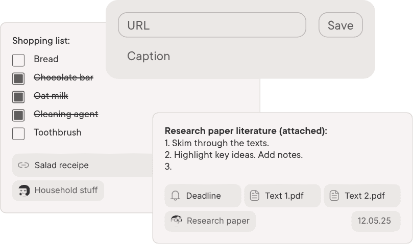 A note with a checklist, a link and attached files
